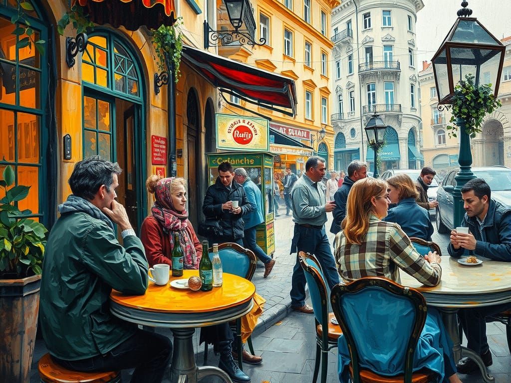 Street Cafe in Expressionist Zhostovo Style