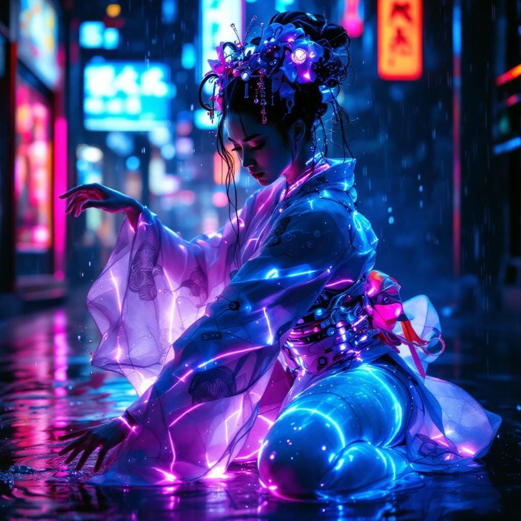 Cybernetic Geisha Dancing in Neon Cyberpunk City