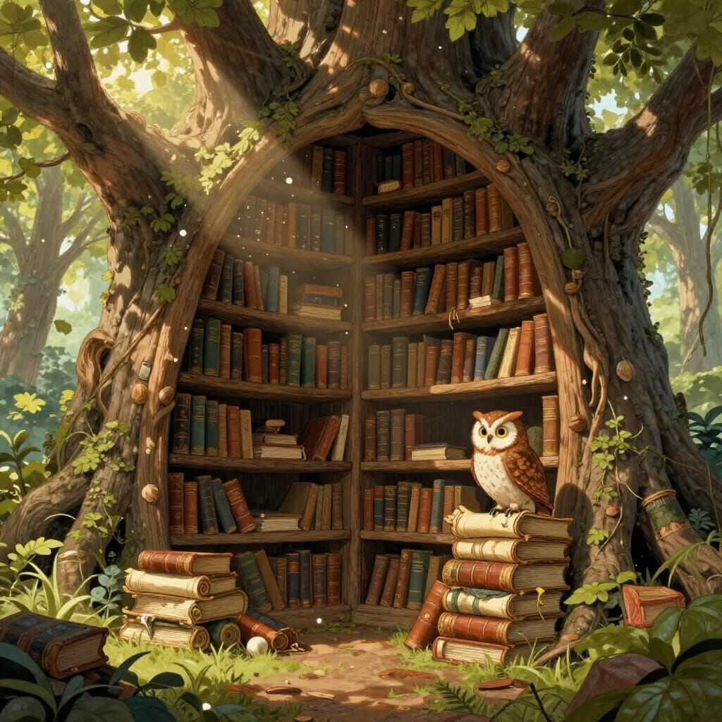 Enchanted Library Inside Giant Tree, Fantasy Illustration