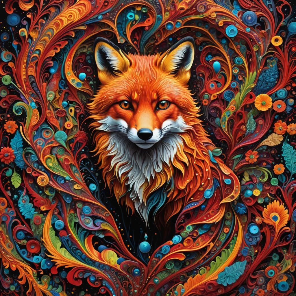 Psychedelic Red Fox in Mixed Media Illustration
