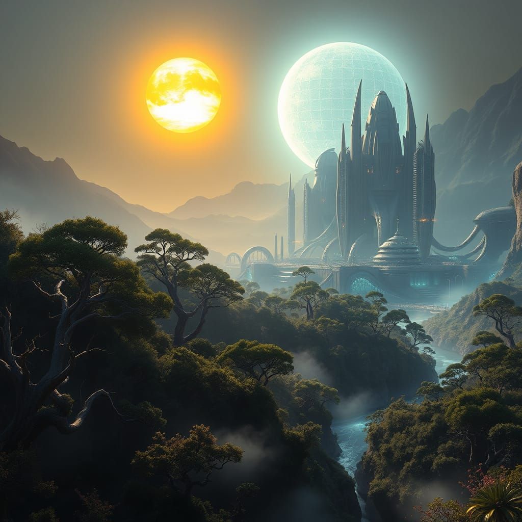 Dazzling Alien Landscape under Dual Suns with Luminous Fores...