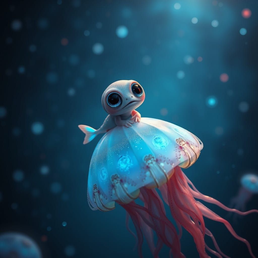 Whimsical Night Sea Creature Amidst Bioluminescent Organisms