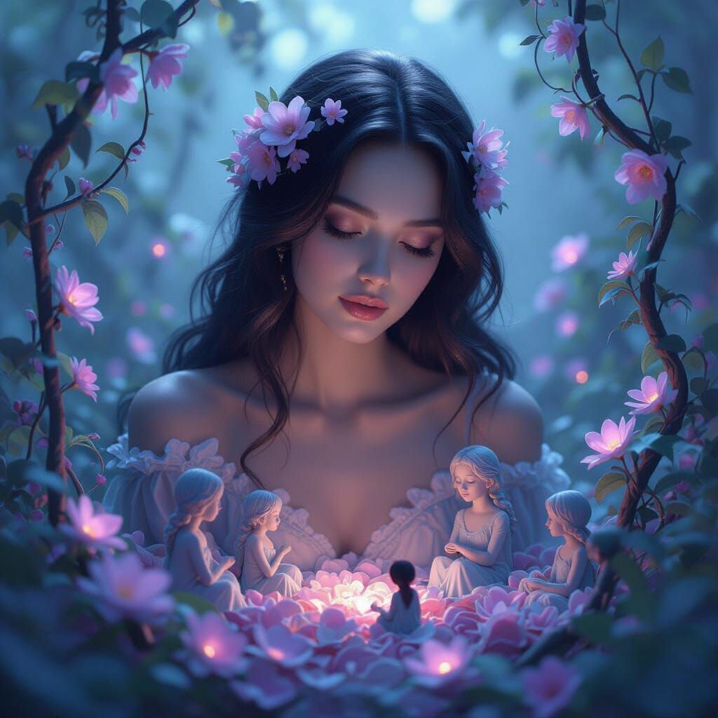 Bioluminescent Dreamscape Garden with Serene Woman