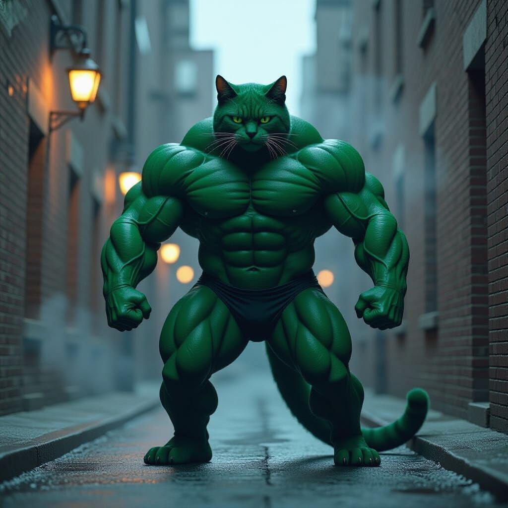 Colossal Green Cat, Hulk-Like, in Smoky Alley