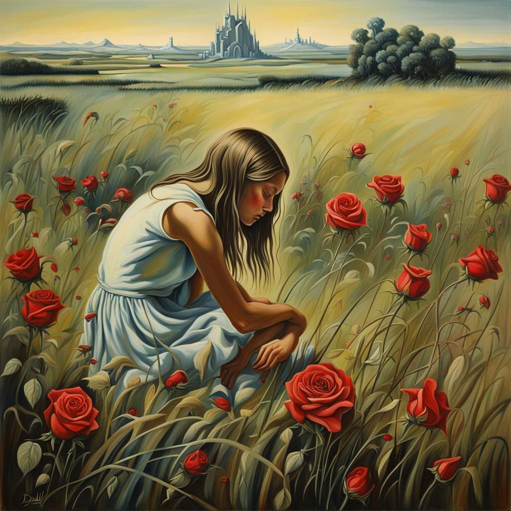 Surreal Girl Finds Emotion in Meadow, Dali Style