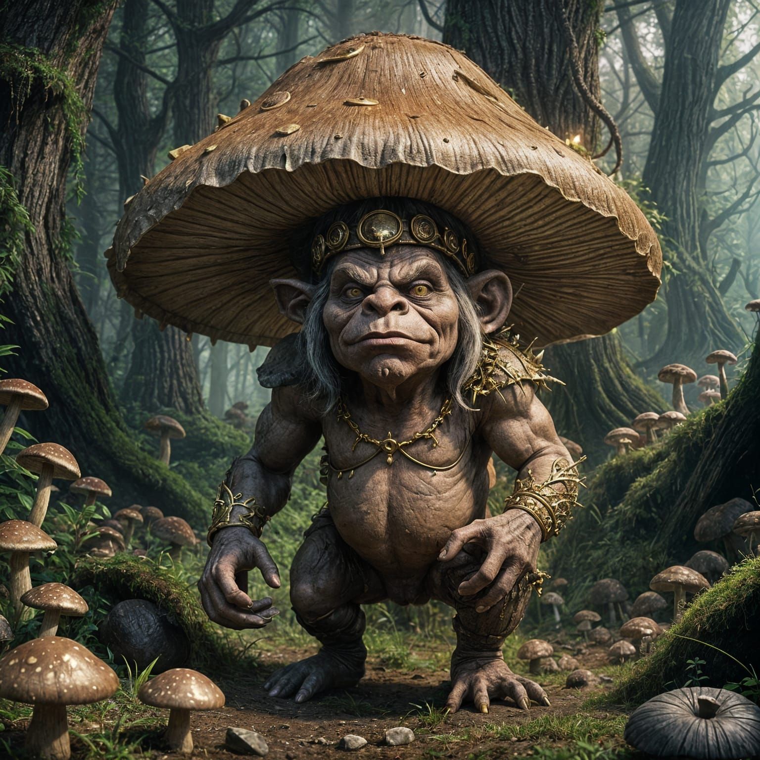 Realistic Gothic Troll Guarding Gold Under Mushroom