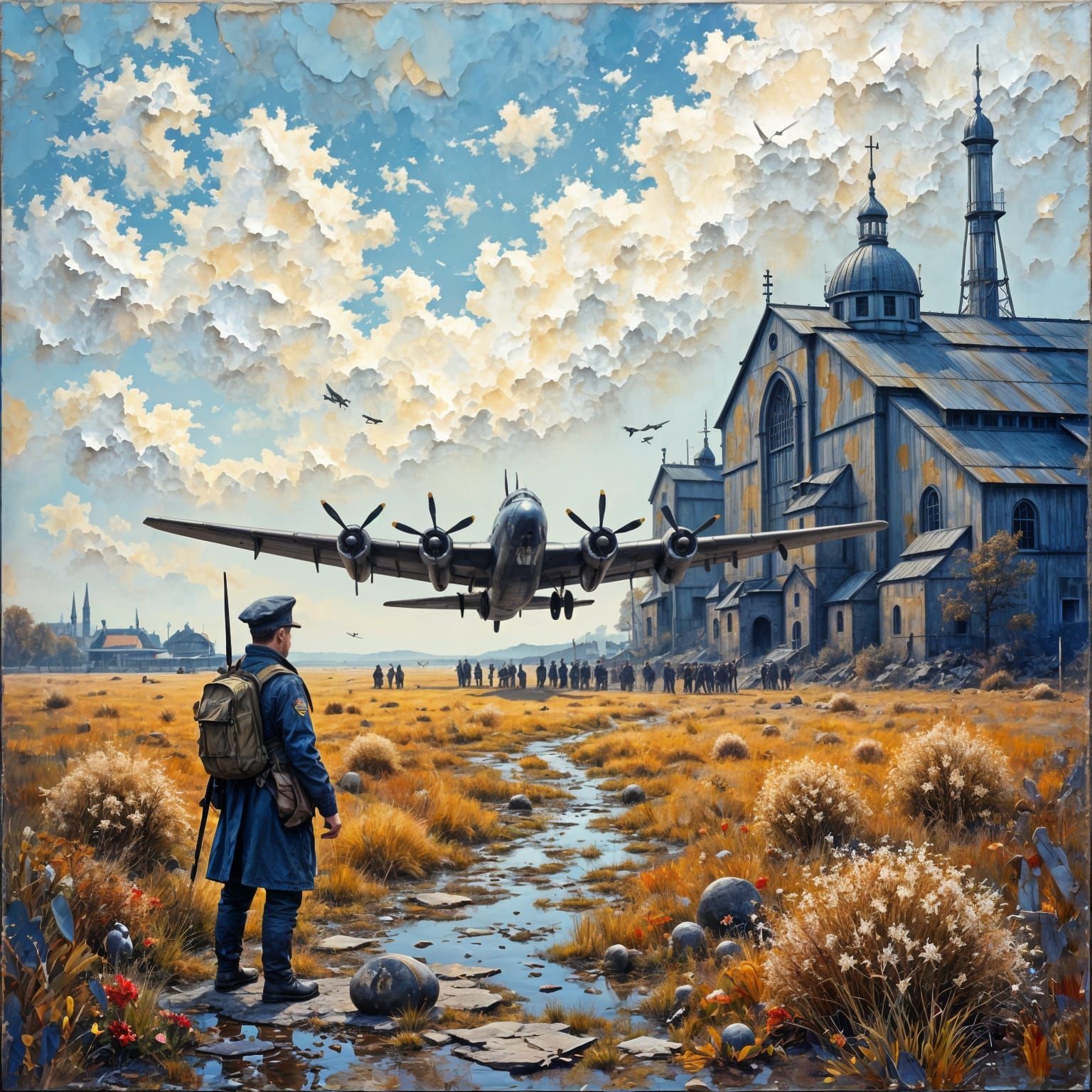WWII Bomber Takes Off: Classical Oil Painting