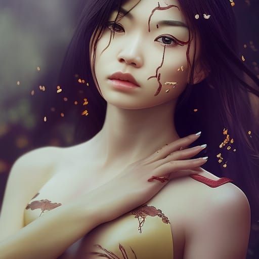 Surreal Asian Woman with Eyes on Hands