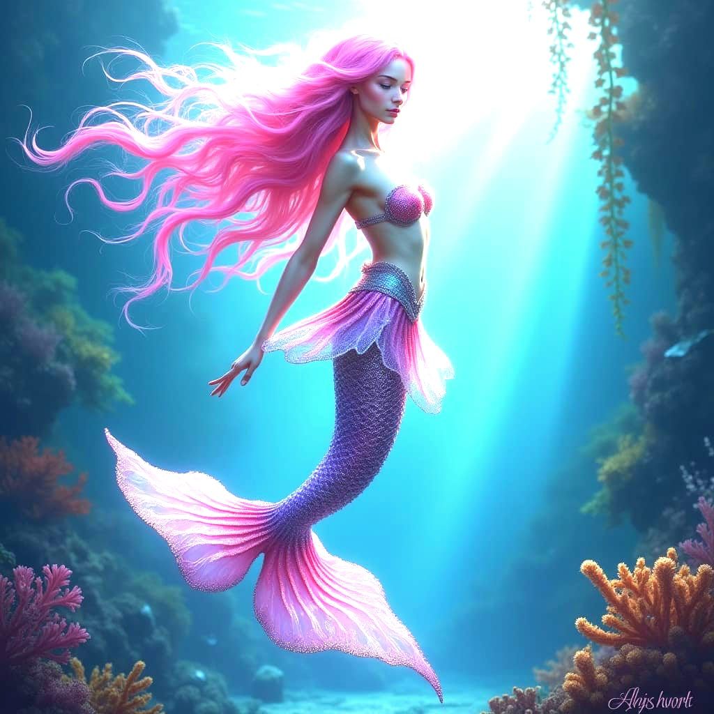 Pink-Haired Mermaid with Silver Scales: Fantasy Art