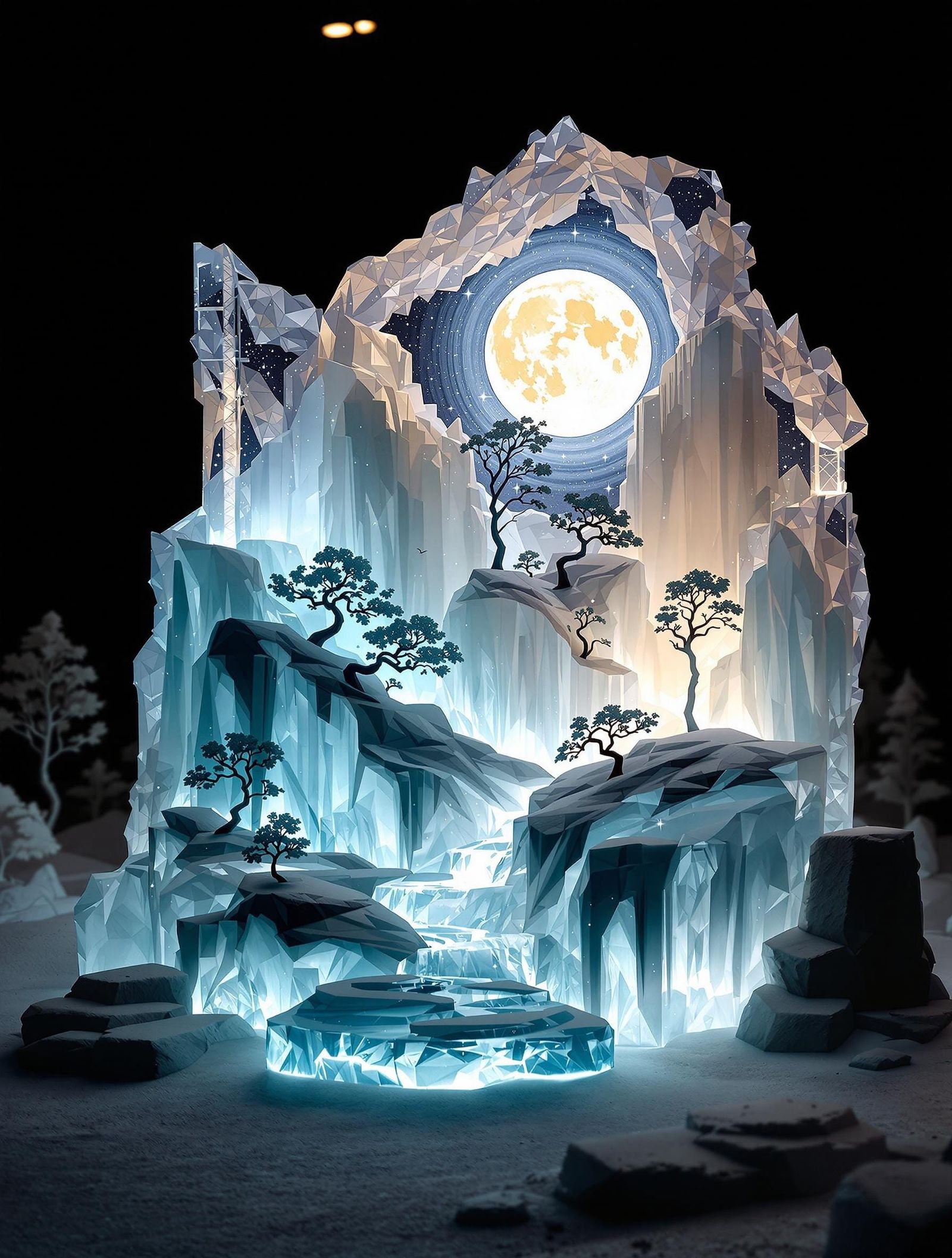 Serene Moonlit Landscape Ice Sculpture in Sumi-e Style