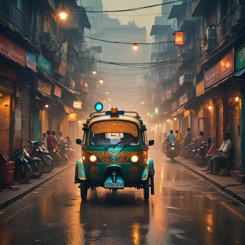 Colorful Auto Rickshaw in Foggy Indian Alleyway