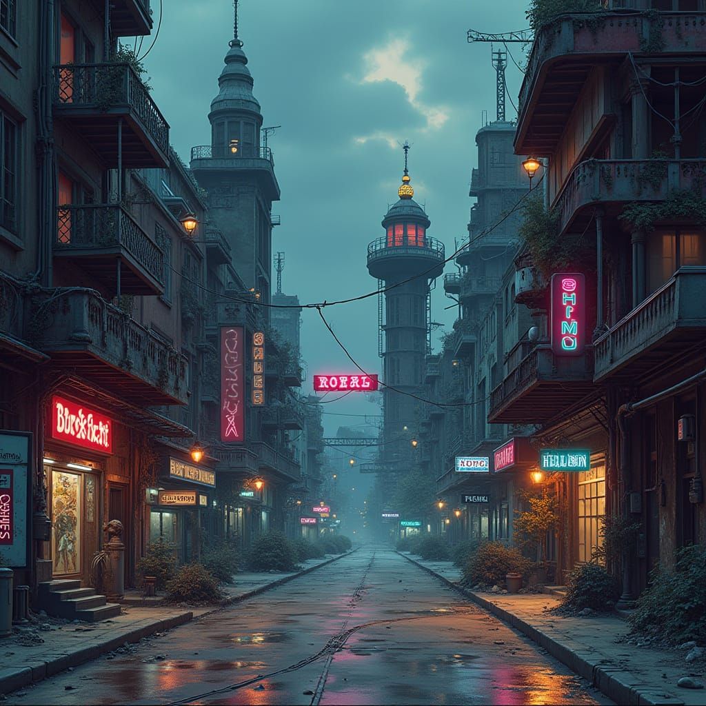 Gothic Cityscape Blending Steampunk, Fantasy, and Futurism