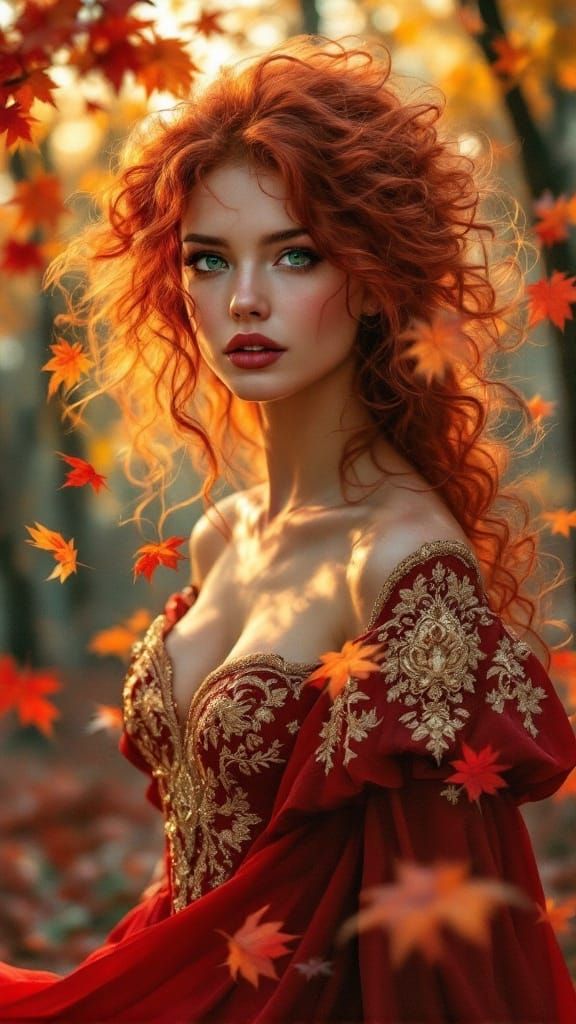 Majestic Autumn Goddess in Vibrant Red and Gold