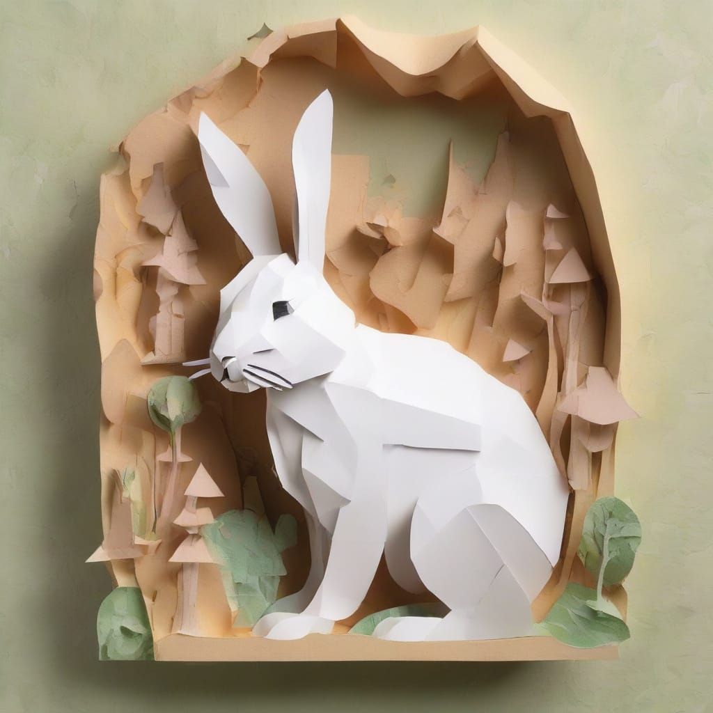 Whimsical Paper Rabbit in Detailed Papercraft World