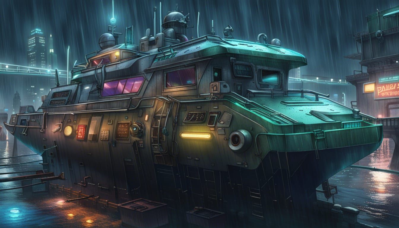 Cyberpunk Harbour Patrol Boat in Rain