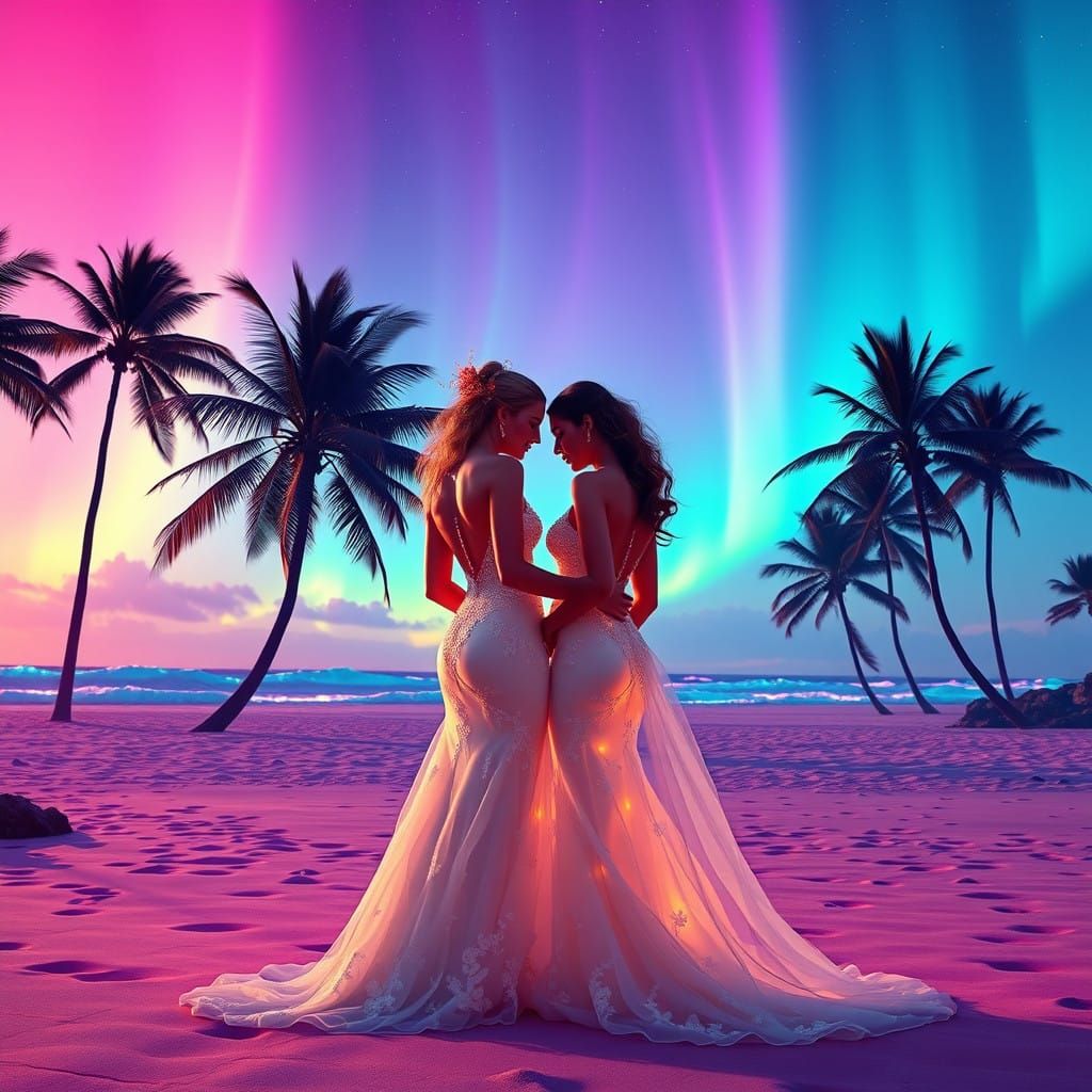 Sensual Lesbian Brides in Neon Beach Paradise