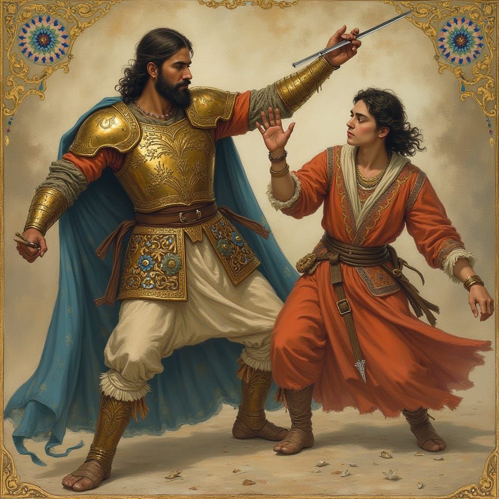 Rostam Killing Sohrab in Persian Miniature Style