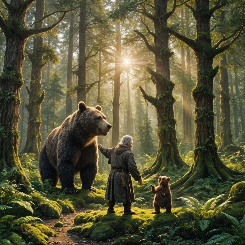 Druid and Bear in Forest, Fantasy Concept Art