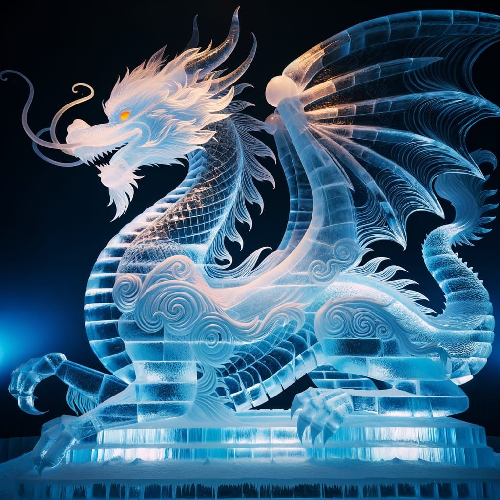 Majestic Ice Dragon Sculpture in Pale Blue Hues