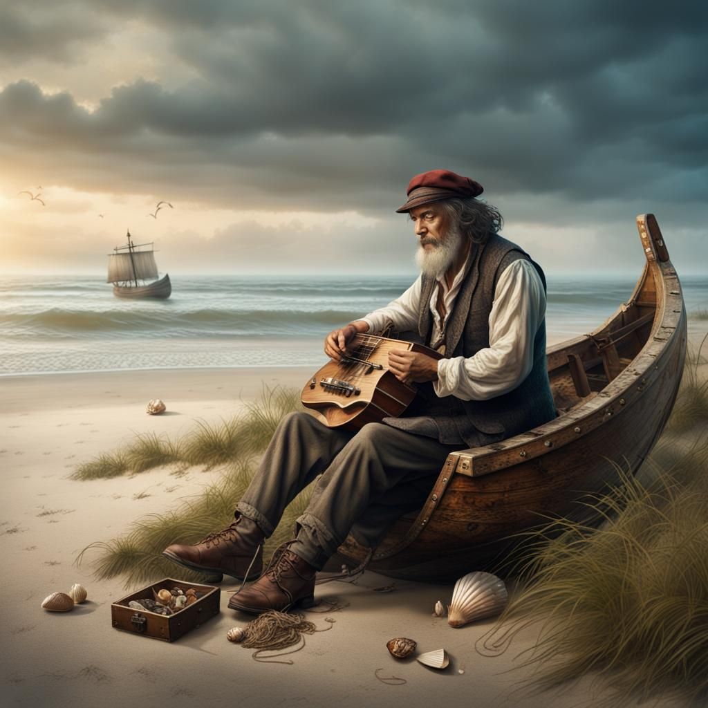 Gypsy Man Plays Hurdy Gurdy on Beach