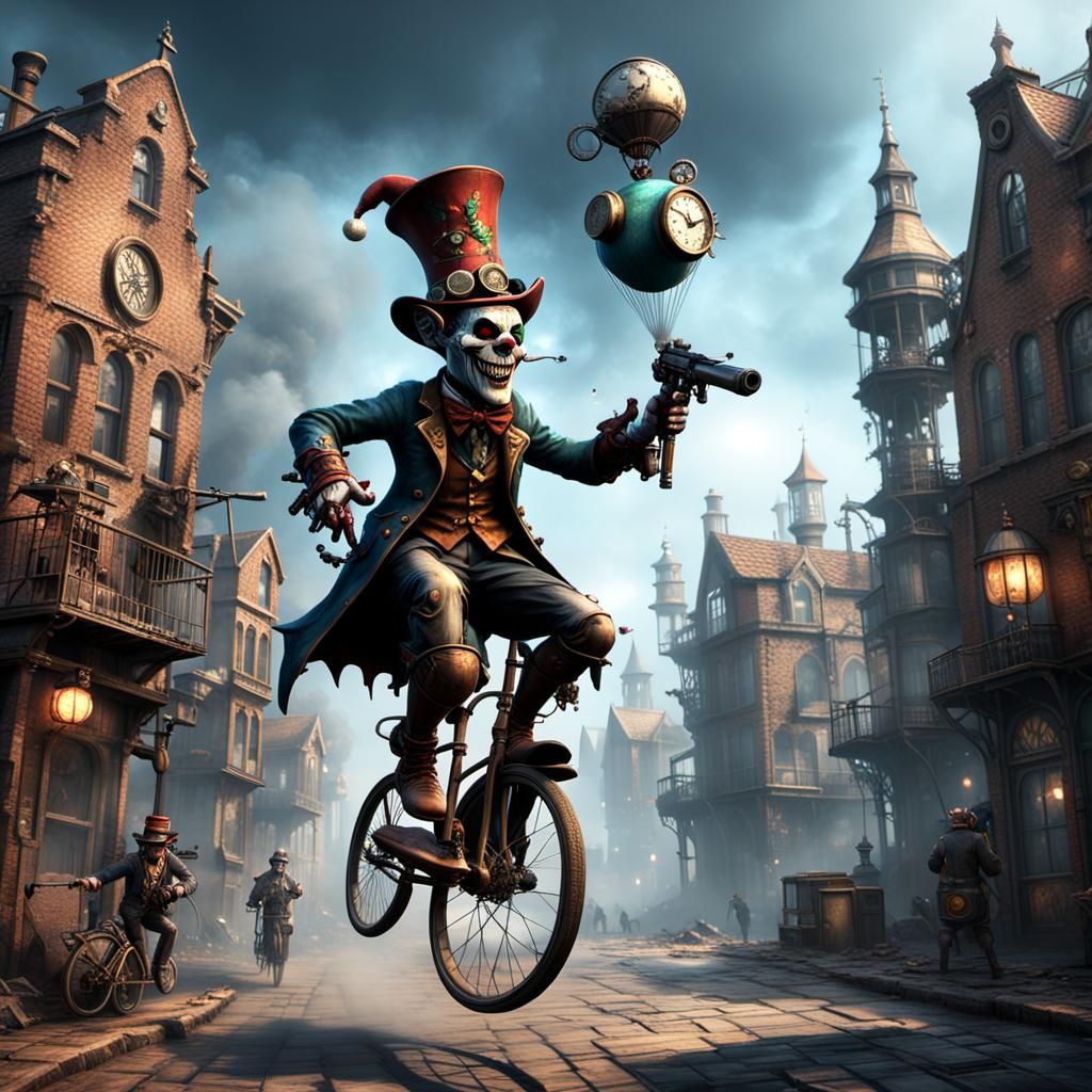 A circus performer on a bicycle