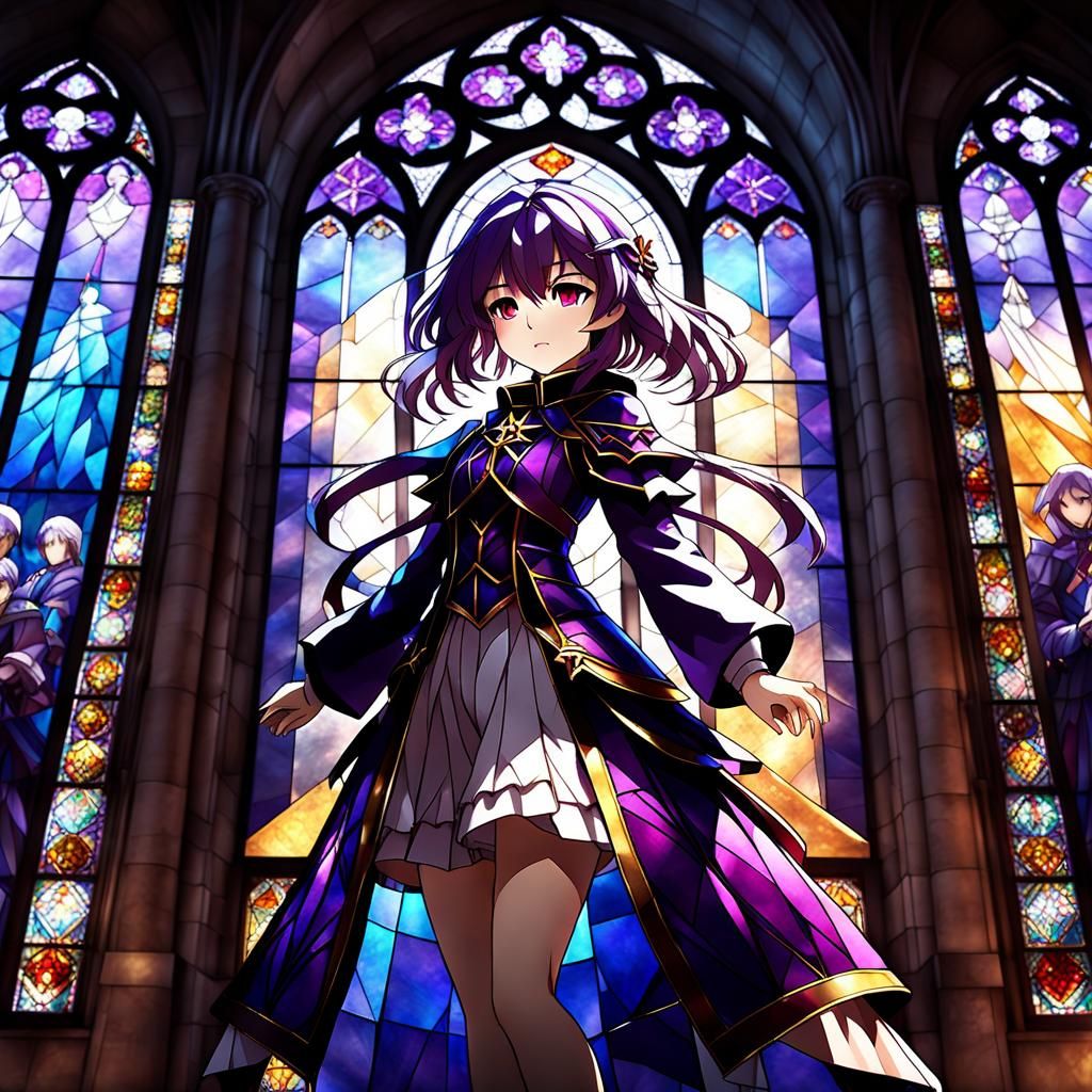 Anime Girl in Cathedral with Stained Glass