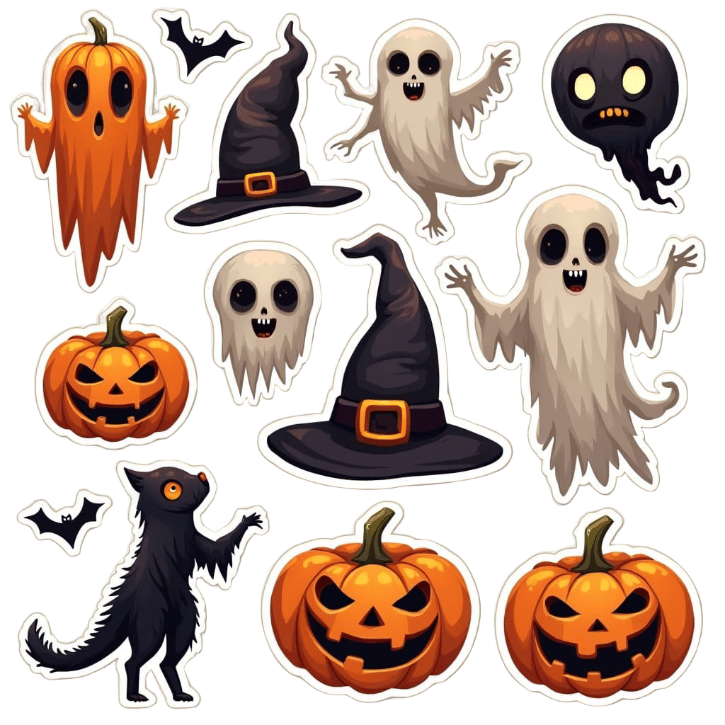 Spooky Retro Halloween Stickers on Transparent Background