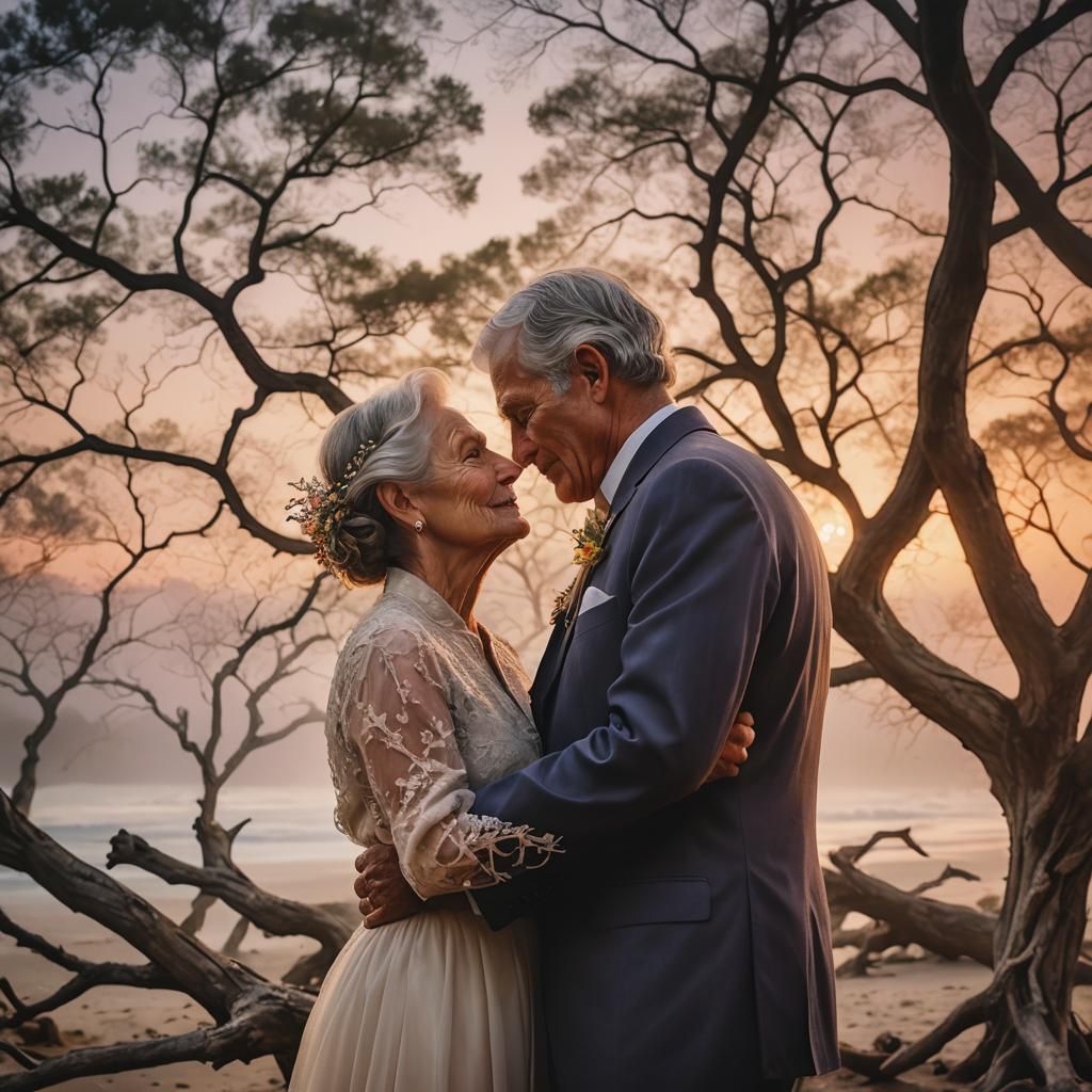 Elder and Youth Embrace in Dreamlike Double Exposure