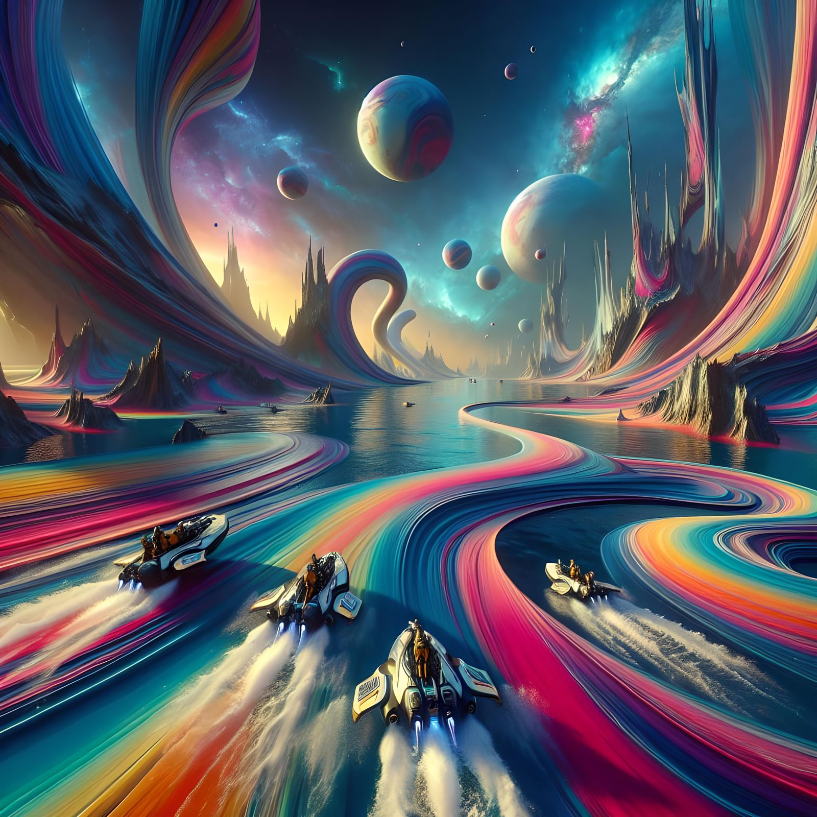 Alien Watercrafts Navigate Liquid Planet in Vivid Photo