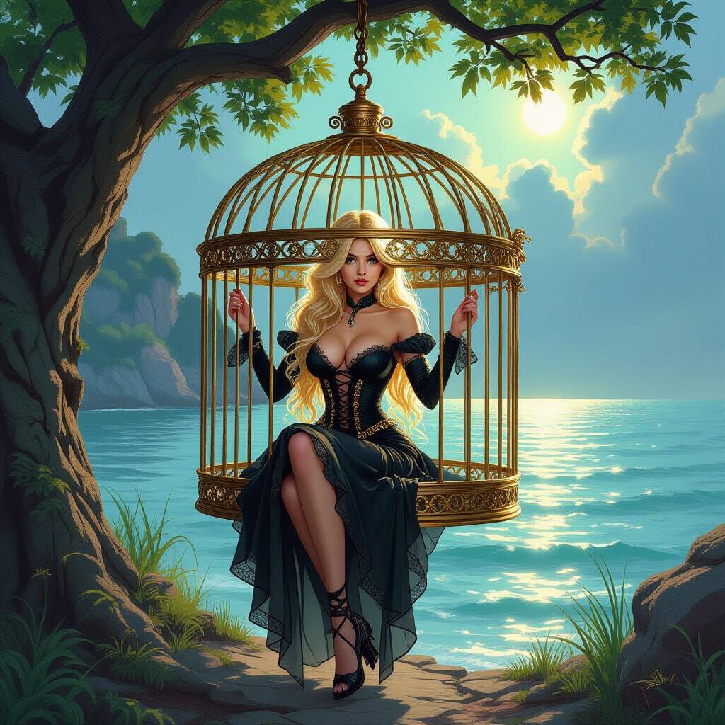 Goth Woman in Golden Birdcage at Pirate Camp