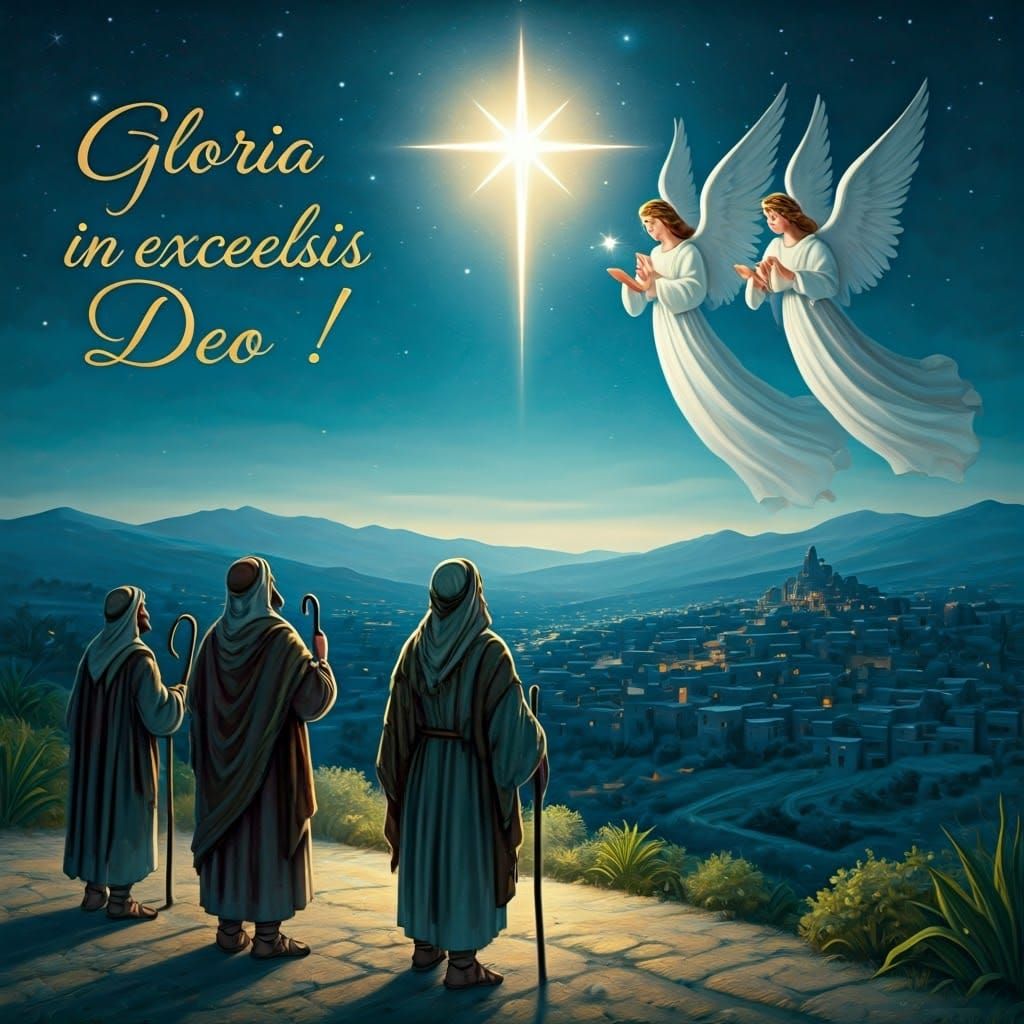 19th-Century Holiday Scene with Bethlehem Star and Shepherds