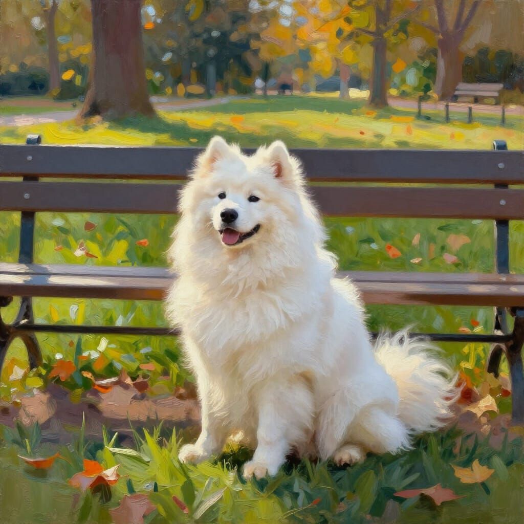 Fluffy Samoyed Dog in Impressionistic Oil Painting