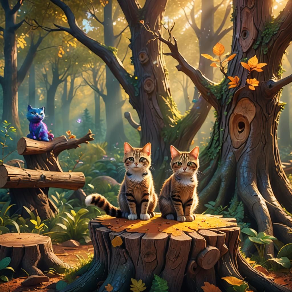 Cute Cat in Magical Forest, Pixar Style 3D Art