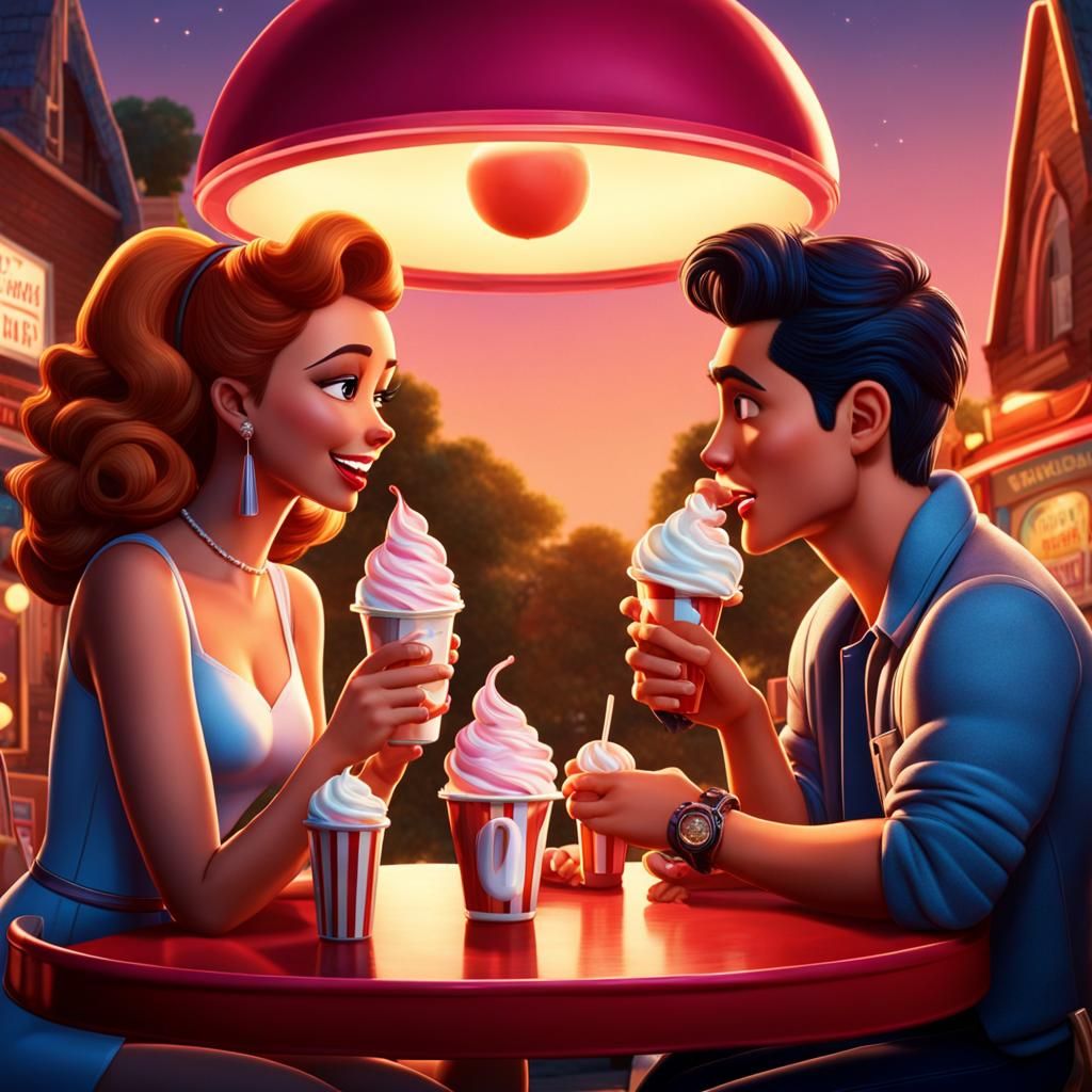 Couple at Pop's Diner: 3D Animated Disney-Style Poster