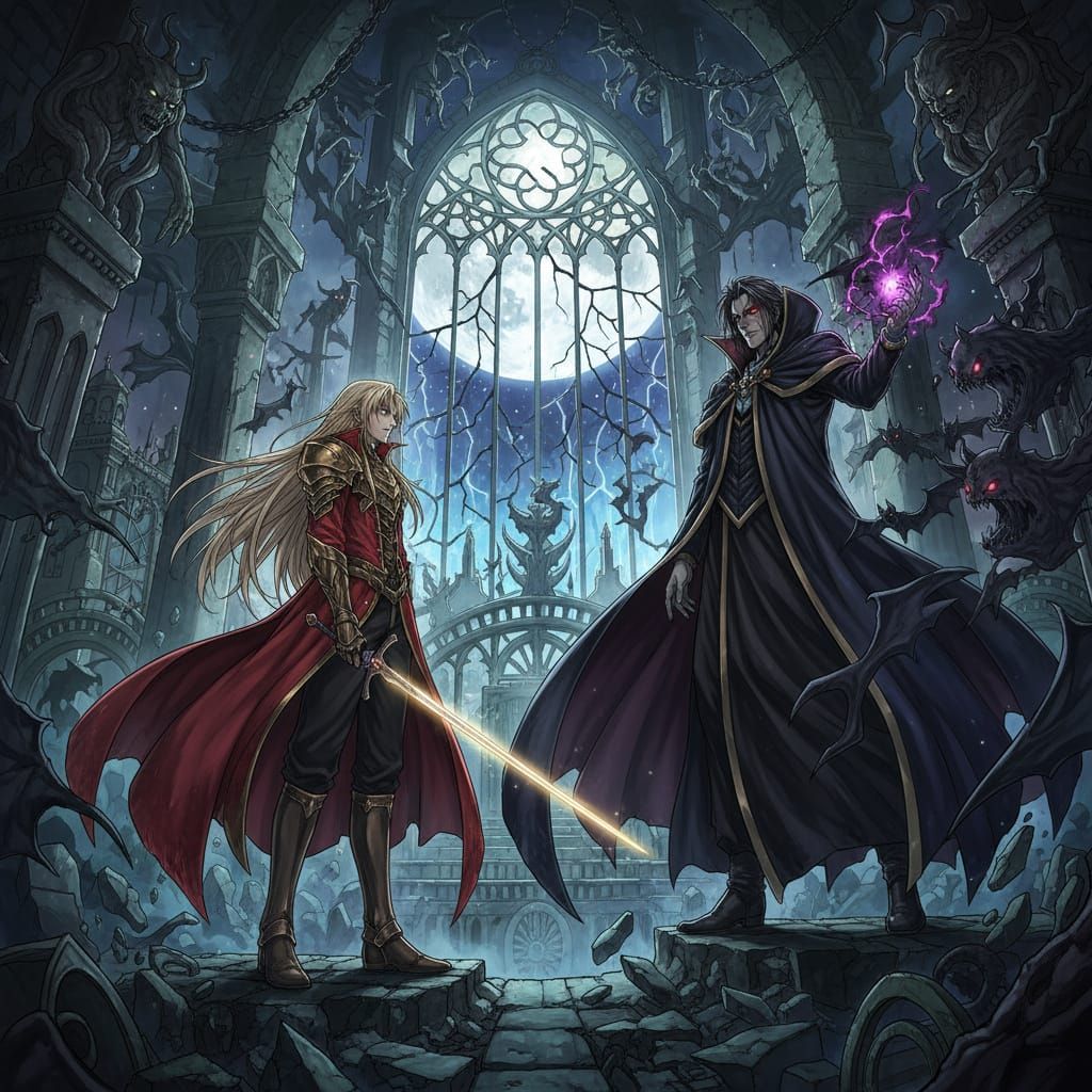 Alucard and Dracula Confrontation in Gothic Castle