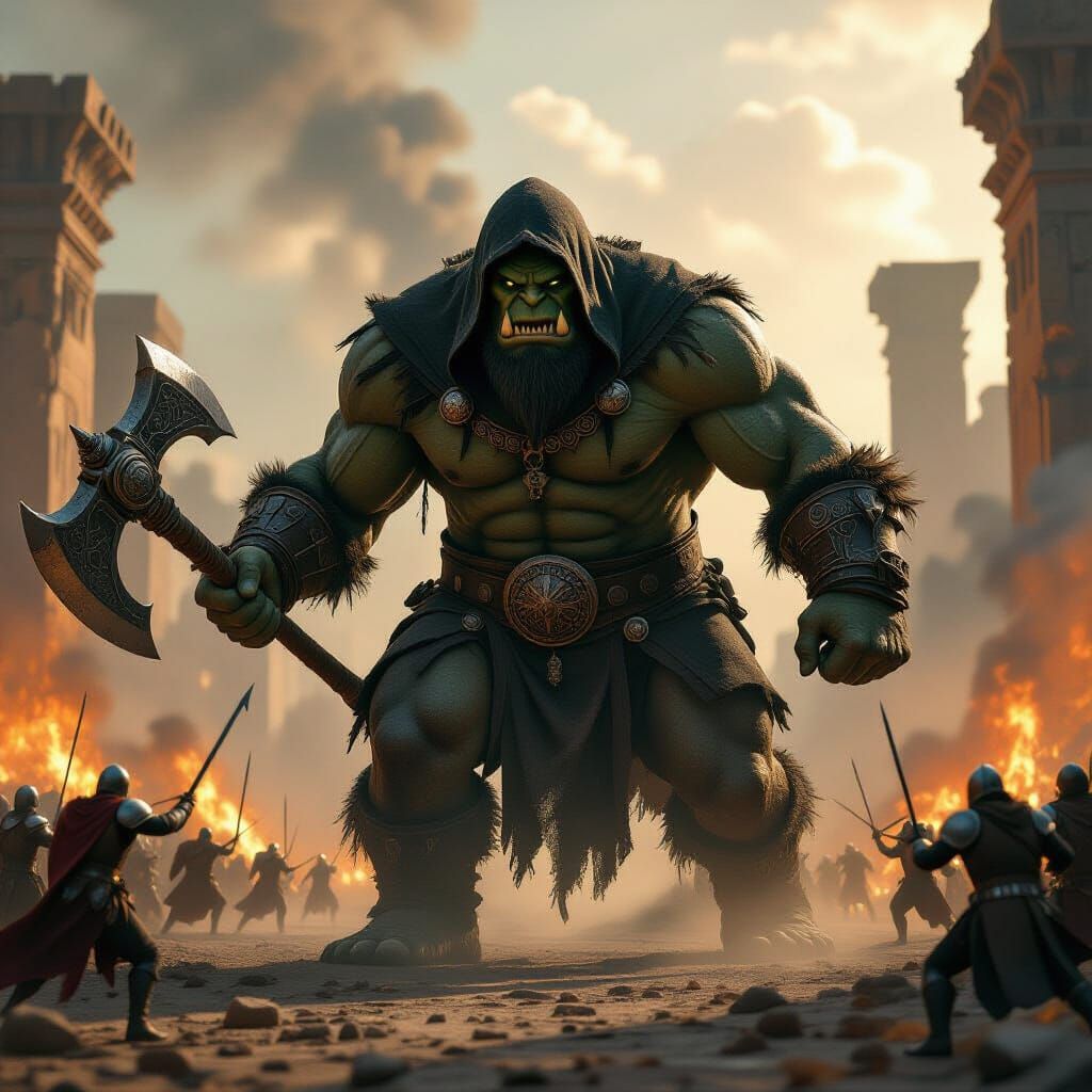 Ogre Charge Against Knights in Burning Elven Temple