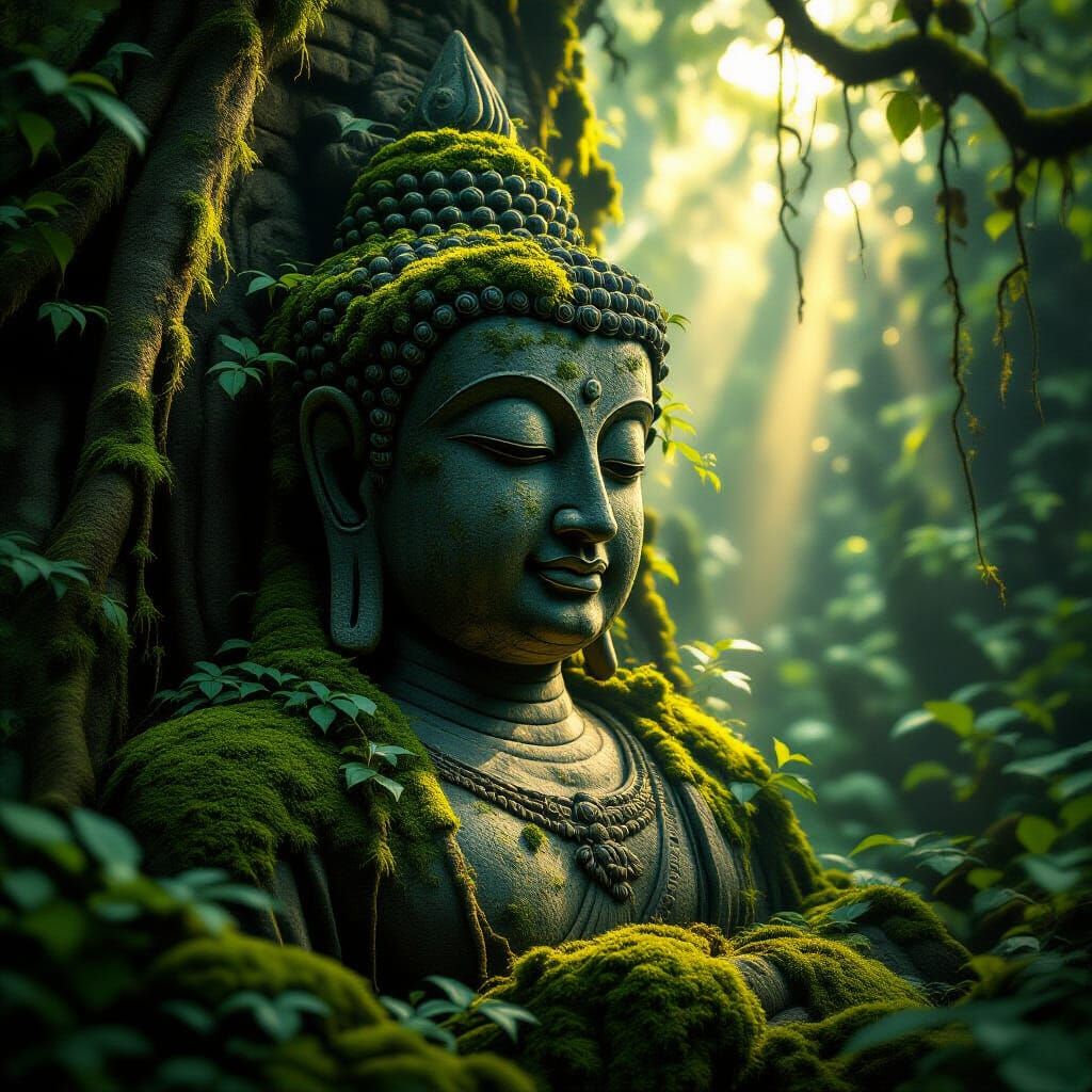 Ancient Buddha Statue in Mystical Jungle, Digital Matte Pain...