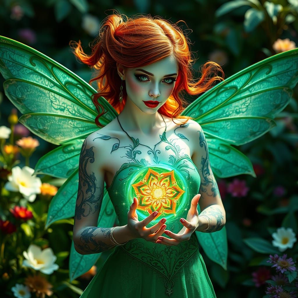 Ethereal Fairy Goddess with Iridescent Wings and Lush Garden