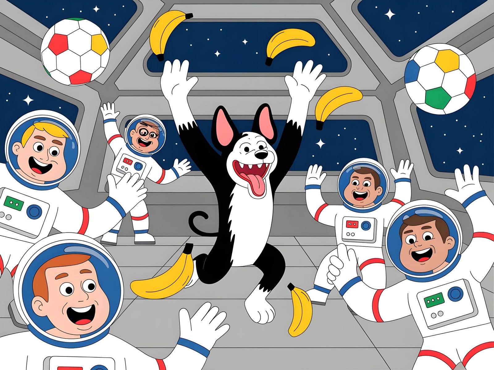 A crazy black and white half dog half monkey throwing banana...