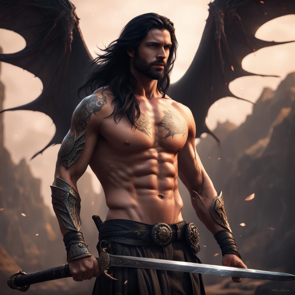 Handsome Winged Warrior with Sword in Fantasy Art