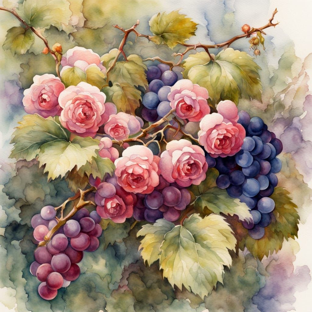 Watercolor Garden Scene With Grapes and Roses