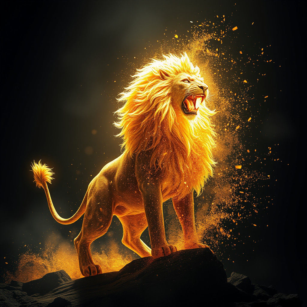 Lion Warrior Disintegrating into Golden Energy Particles