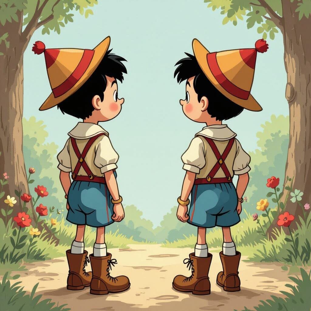 Whimsical Wooden Boys in Storybook Scene