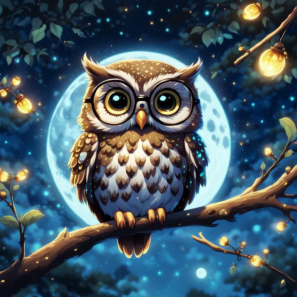 Moonlit Owl with Glasses in Anime Style