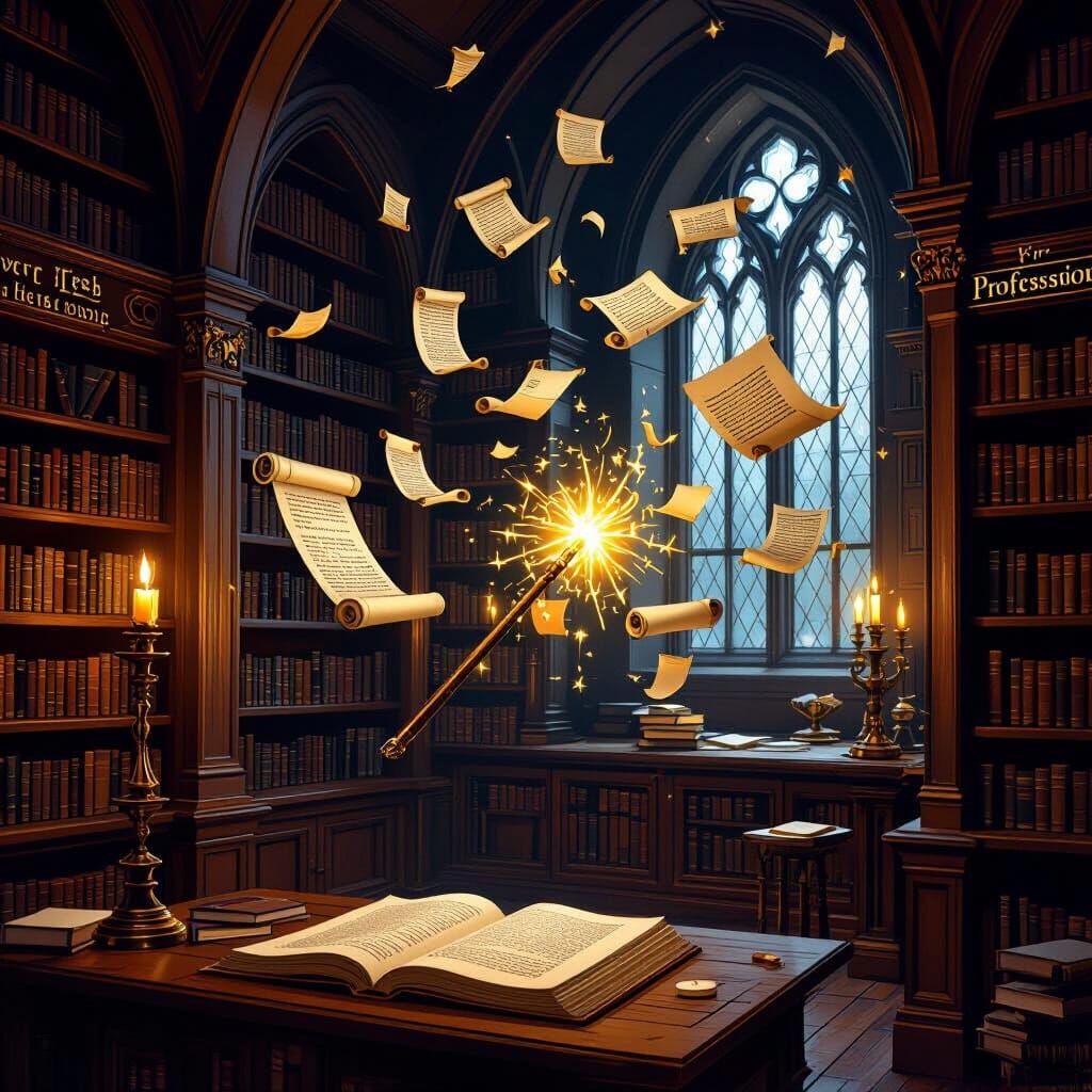 Magical Library with Flying Scrolls, Fantasy Art Style