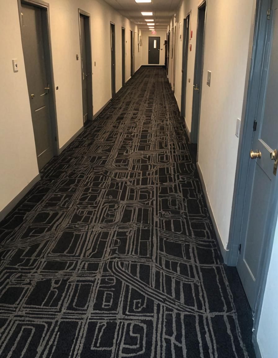 A long hallway with optical illusion carpet