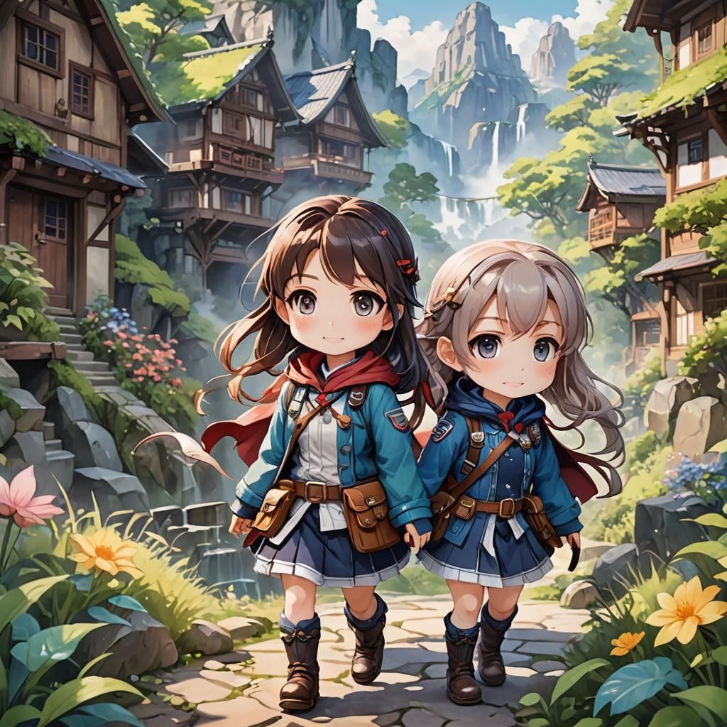 Chibi Sisters Adventure in Watercolour Anime Style