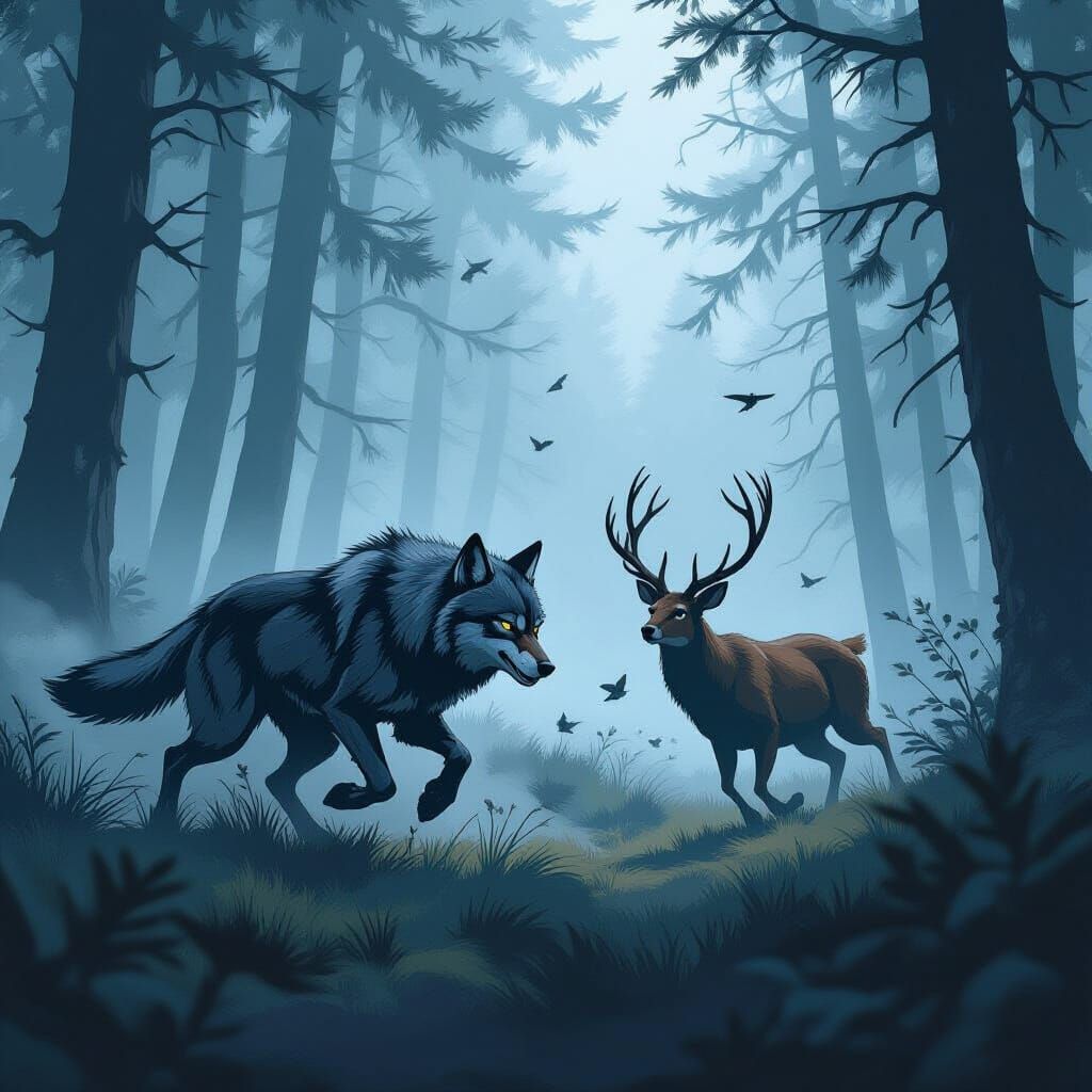 Wolves Chase Deer in Misty Forest Comic Art