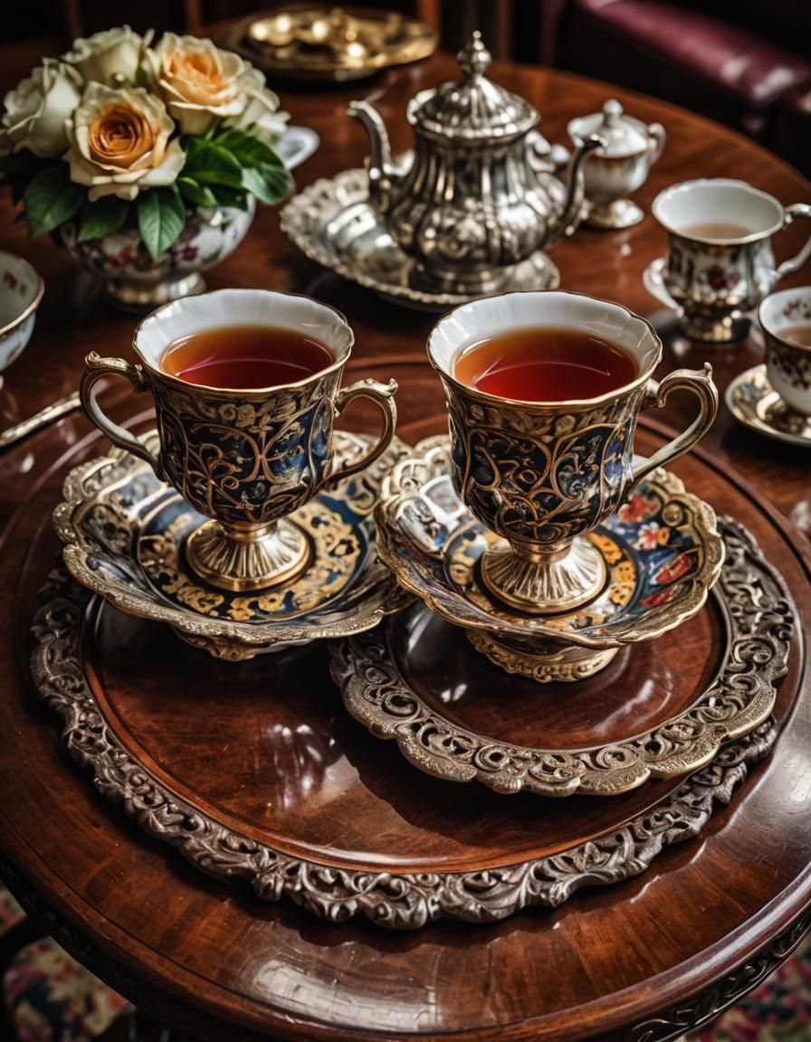 Antique Teacups on Mahogany Table in Hyperrealistic Style