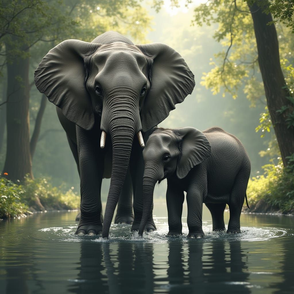 Elephant Family Drinking at Pond in Hyperrealism Style